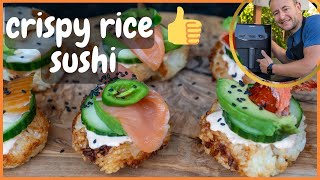 How to make crispy rice sushi recipe at home in an air fryer. Quick appetizer snack idea.