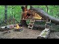 Bushcraft Shelter Camping; Building a BEST Secret Survival Dugout Under a Fallen Tree
