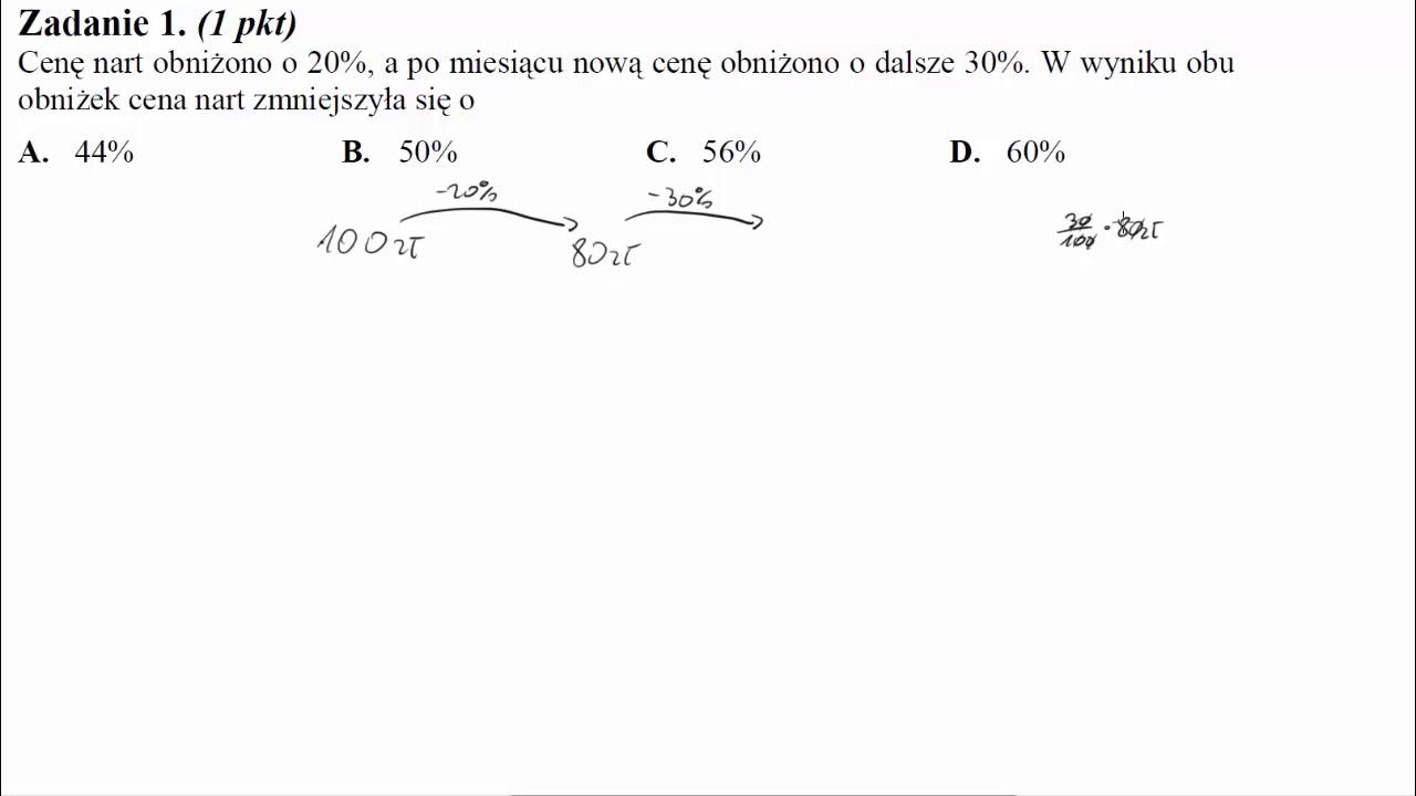 Cena Nart Po Obniżce O 15 Cenę nart obniżono o 20%, a po miesiącu nową cenę obniżono o dalsze 30%