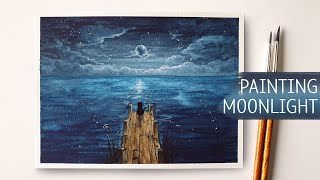 Easy Watercolor Painting Moonlight Painting Moonlight Night Landscape Cat