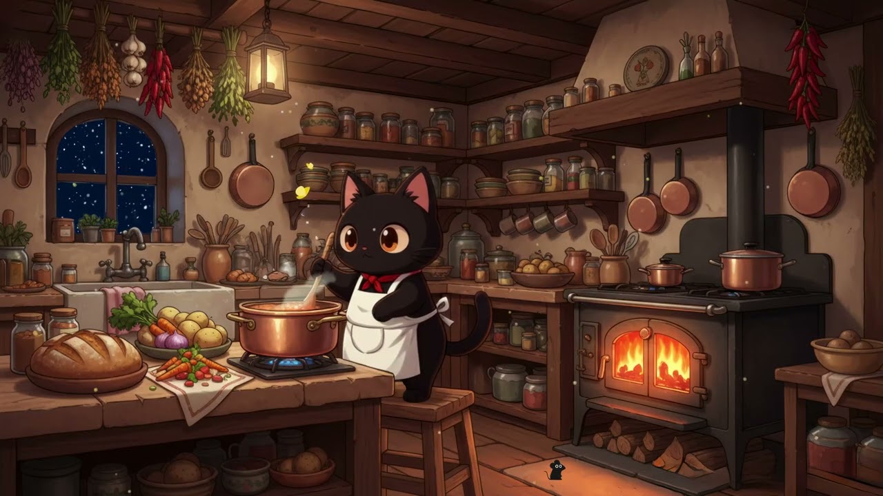 Milo's Cozy Kitchen 🐾 Lofi Hip Hop for Relaxing Nights ✨ Warm Fireplace Vibes