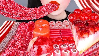 ASMR RED DESSERTS *UNICORN JELLY, RAINDROP STRAWBERRY CAKE, TANGHULU, ROPE JELLY, ICED JUICE MUKBANG