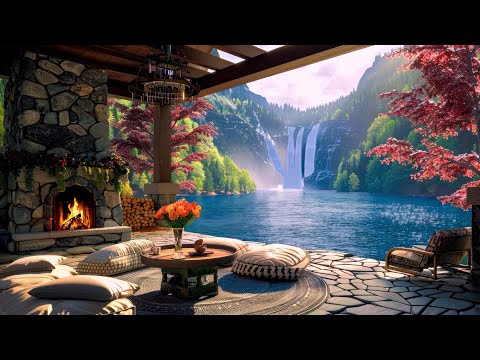 Morning on a Cozy Mountain Terrace Ambience with Soothing Jazz Piano Music and Fireplace Sounds