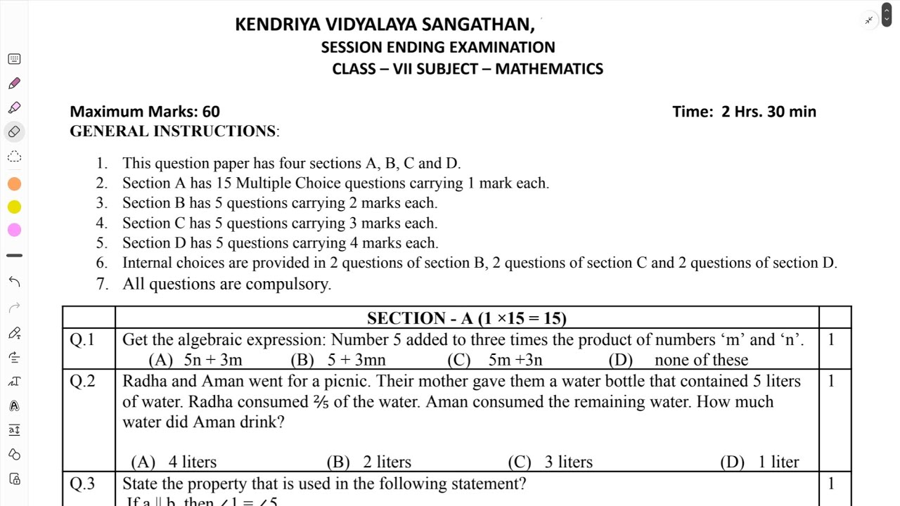 MATHS KVS FINAL EXAM QUESTION PAPER CLASS7 Term 2 Question Paper maths-kvs-final-exam-question-paper-class7-term-2-question-paper