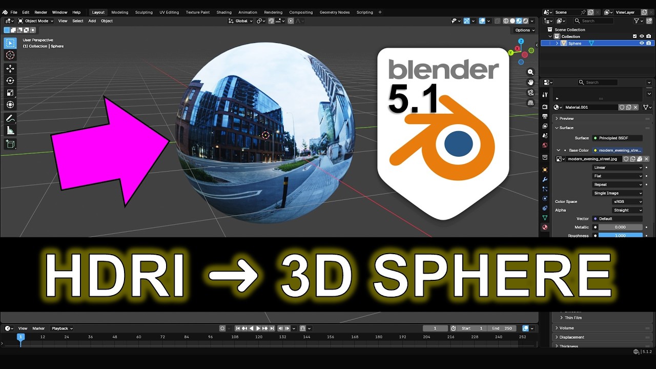 Blender 5.1 HDRI to 360 Panorama Sphere Model | Poly Haven 8K JPG to FBX Workflow