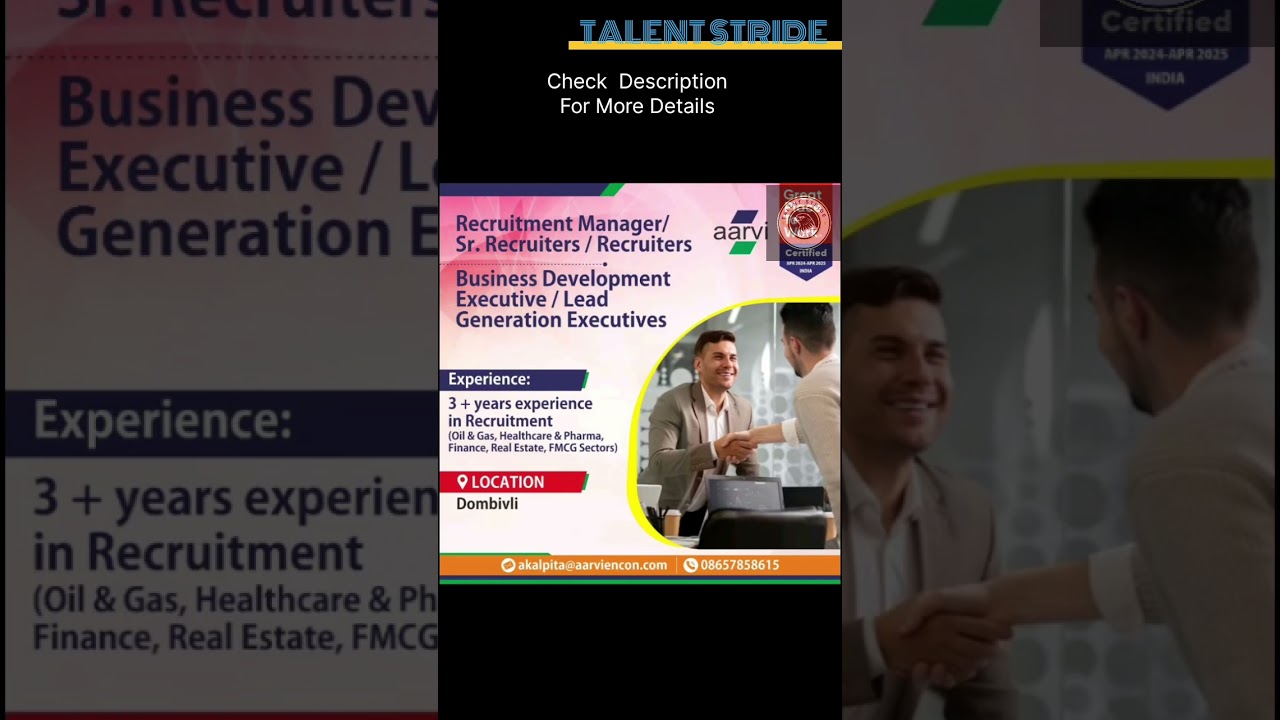 Urgent Hiring 2025 | Recruitment Manager, Sr. Recruiters, BDE Jobs in Dombivli | Apply Now!