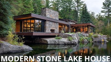 Modern Stone House by the Forest Lake | Bold Wood & Stone Design Idea for Nature Lovers