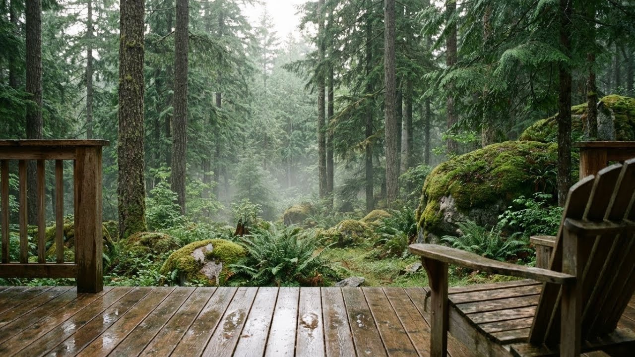 Gentle Rain Sounds on Wood Deck, Foggy Nature Ambience to Fall Asleep Instantly 🌧️💤