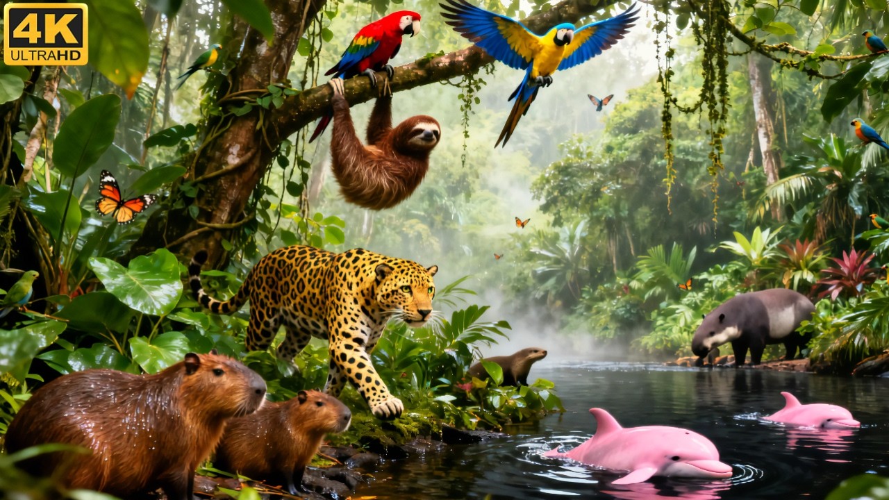 Relaxing Walk Through the Amazon Rainforest | Jaguars, Capybaras, Sloths & Macaws (4K ASMR)