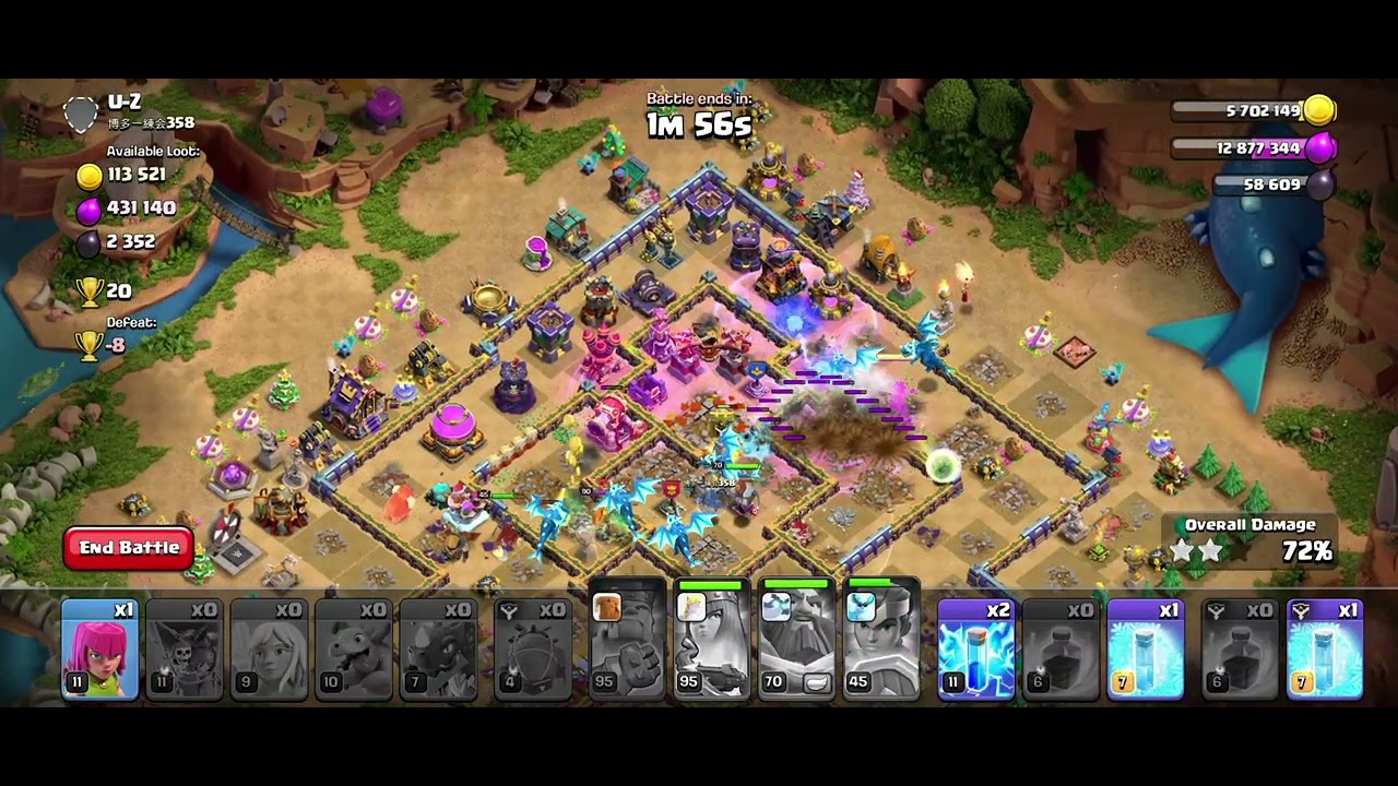 Massive loot on maxed out town hall 16 using Mass Electro dragon spam attack 