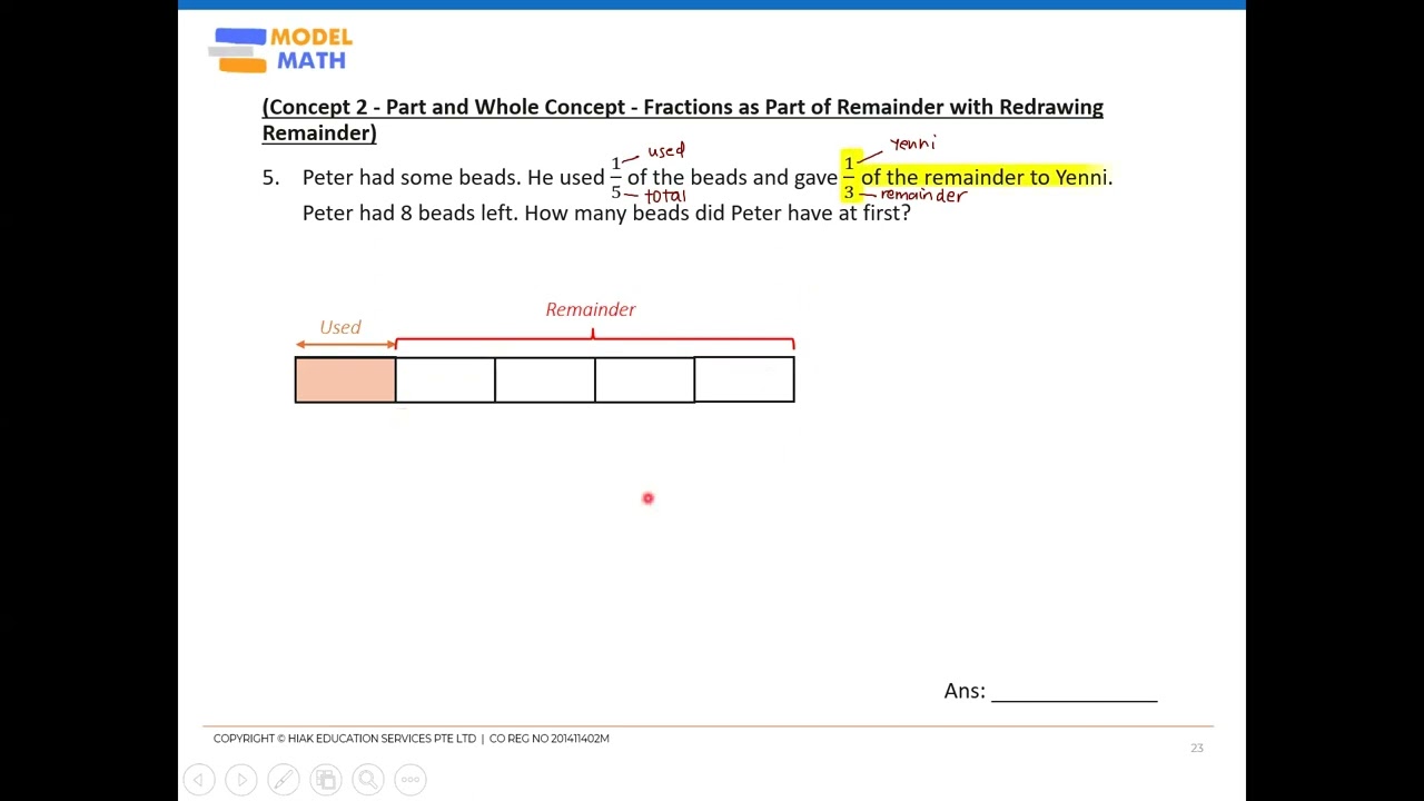 Primary 4 Math Tuition : Fractions as Part of Remainder with Redrawing Remainder - YouTube