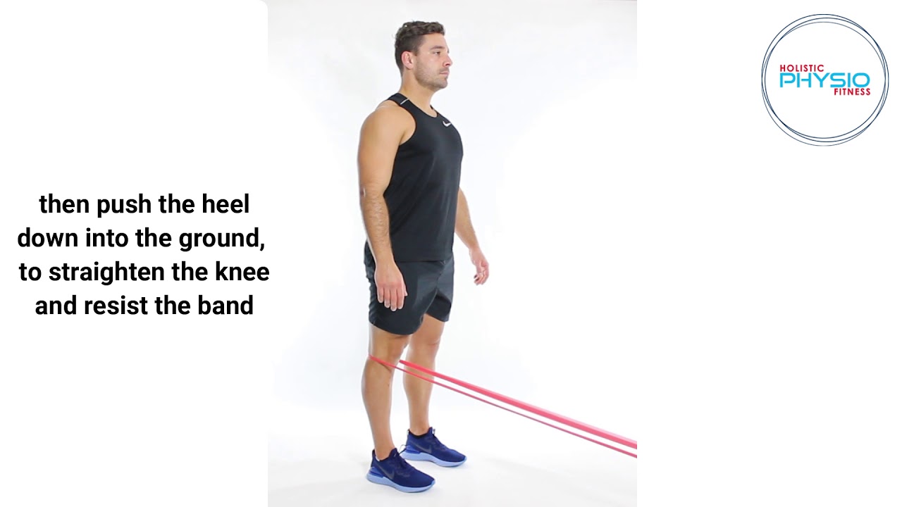 Terminal knee extension (Theraband in standing) - YouTube