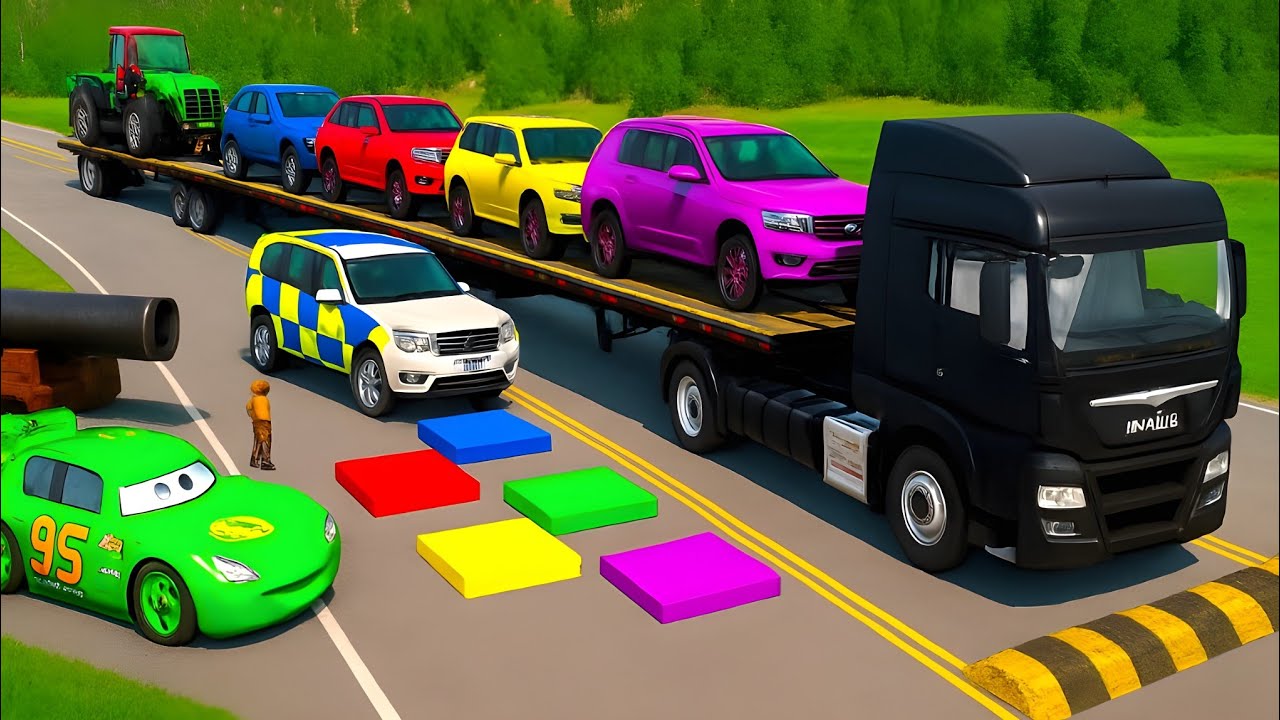 Double Flatbed Truck McQueen / Transportation with Truck / Pothole vs 14Car 59 / Mao Drive BeamNG