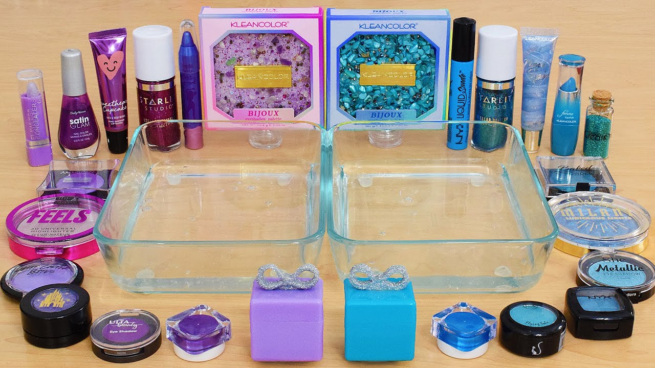 Purple vs Aqua Blue - Coloring Satisfying Slime ASMR with Eyeshadow and Makeup