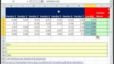 Excel Magic Trick 517: Vendor Name For Low Bid & % Cheaper Than Next Lowest Bid Formula