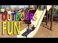 Fun outdoor playground | Hover-boarding, plastic rock Climbing, EASTER EGG Hunt