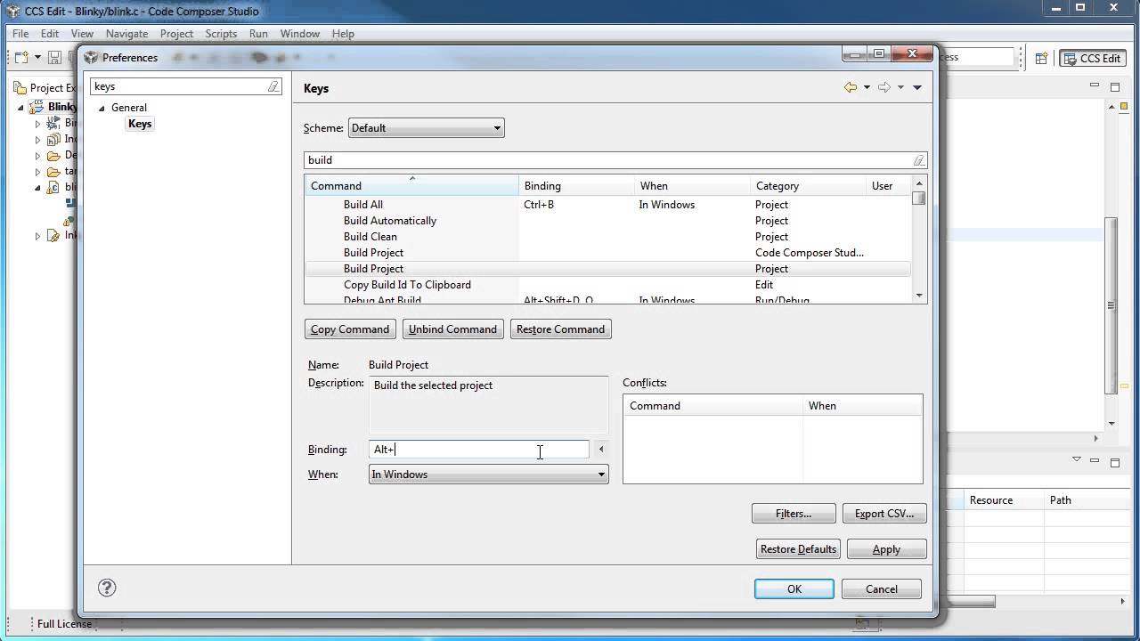 Setting up keyboard shortcuts or key bindings