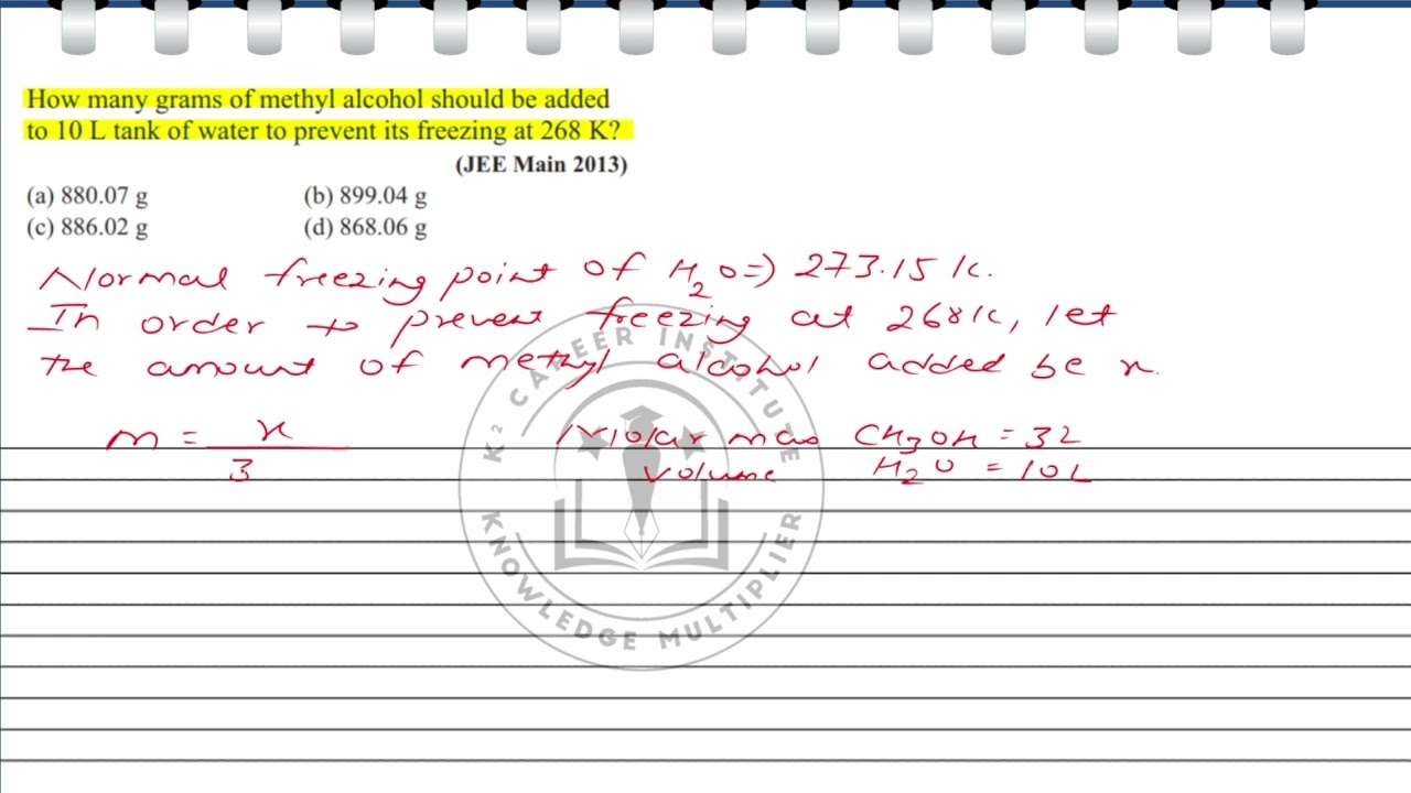 How many grams of methyl alcohol should be added to 10 L tank of water to prevent its freezing at