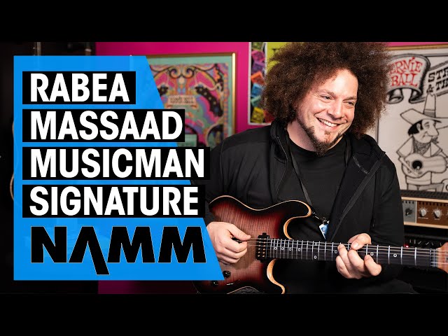 Rabea Massaad working on new guitar with Ernie Ball Music Man