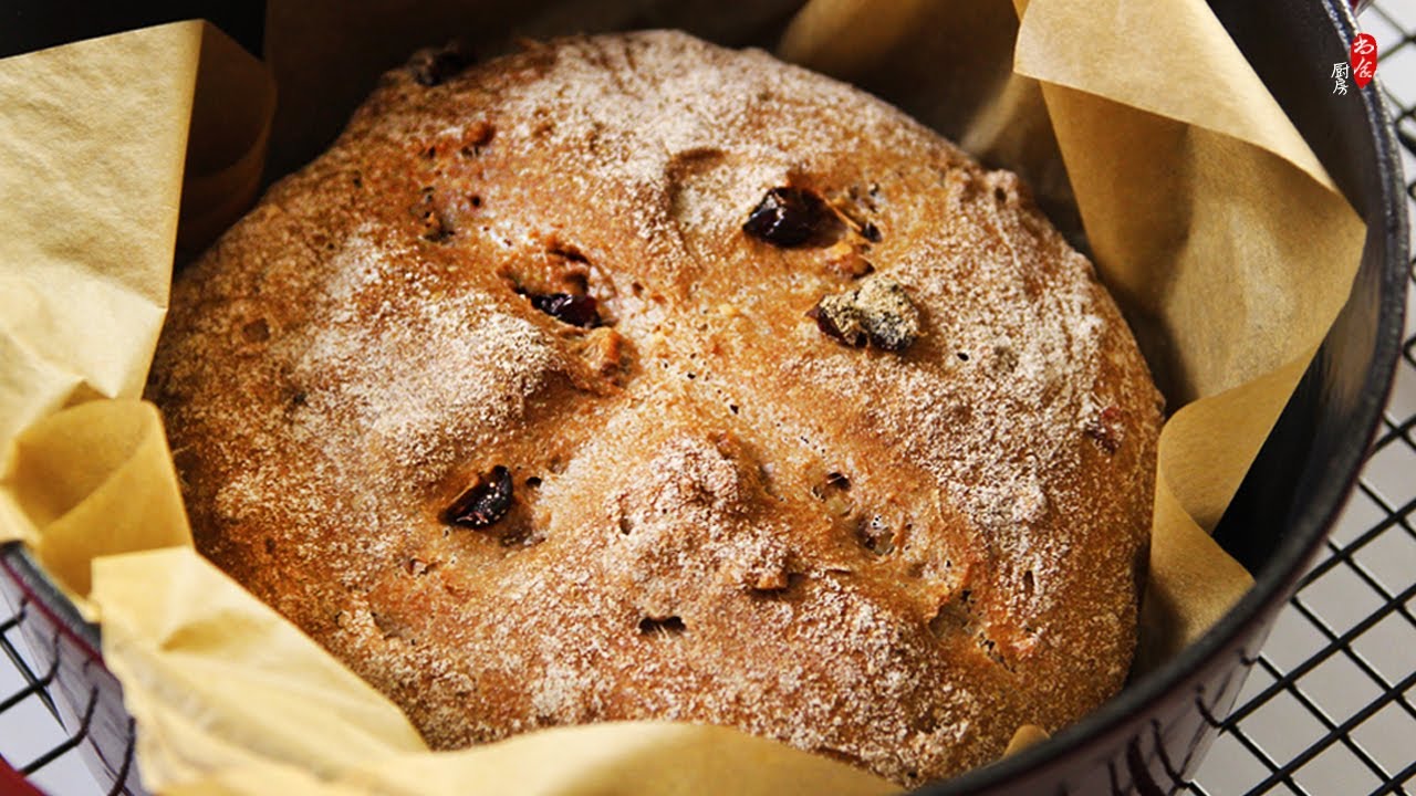 免揉全麦面包的制作竟然如此简单！💯100%全麦，无油无糖｜核桃蔓越莓全麦面包｜No-knead 100% Whole Wheat Bread, Super Easy