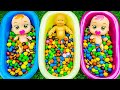 Satisfying l mixing yummy candy in 3 bathtub with rainbow ice cream skittles cutting asmr