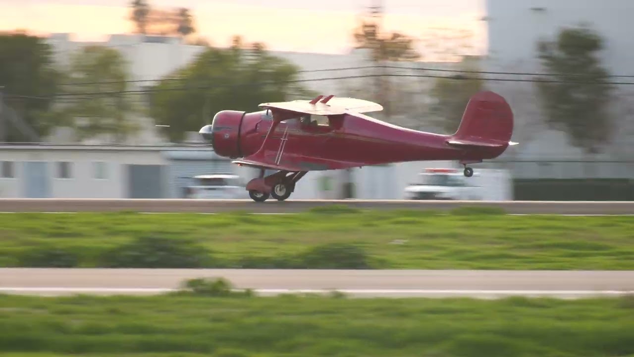 Beechcraft Staggerwing Landing and Taking off at Van Nuys Airport VNY