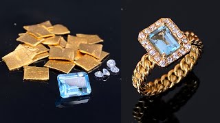 cuban chain ring with sky blue topaz - gold ring making video