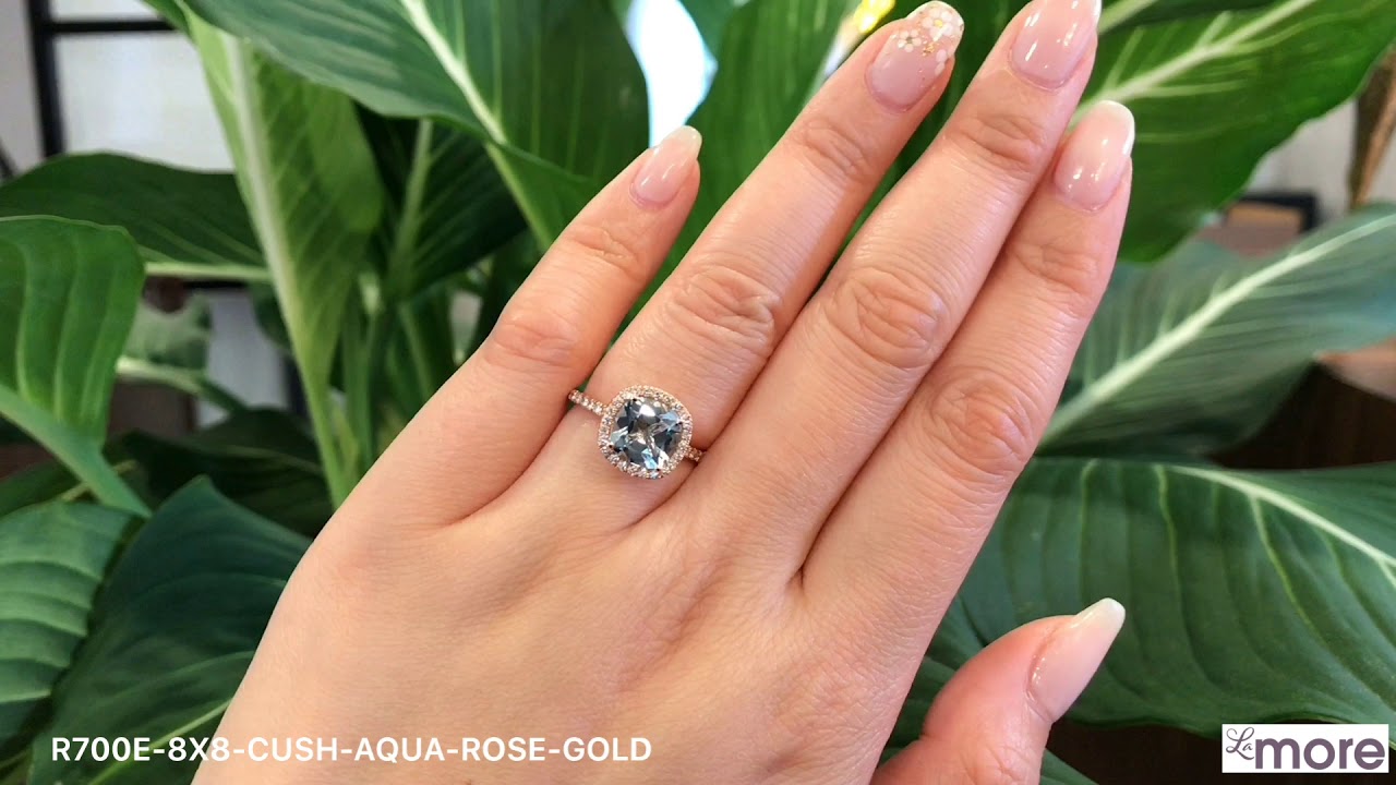 Cushion Halo Aquamarine Engagement Ring In Pave Diamond Rose Gold