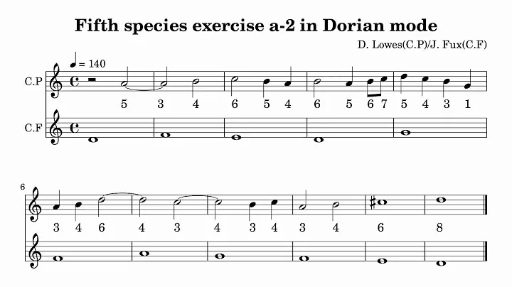 Fifth spiecies counterpoint for 4 voices in Dorian mode
