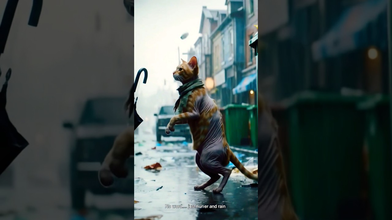 A poor cat walk in streets in rainy day 😭😭 