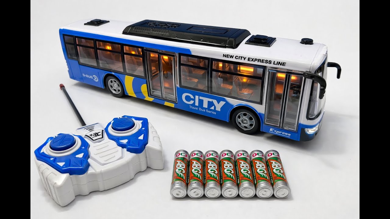 Unboxing transparent gear fire truck, remote control RC city bus, large police car, spray train