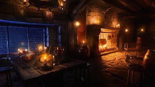 Fireside Harp | Medieval Tavern Ambience for Sleep🌛, Relaxation, Study 😌🙌🔥