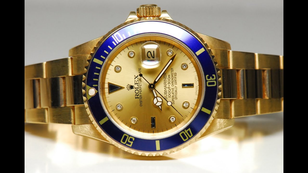 Rolex Submariner 18ct Yellow Gold Date with Gold dial & Blue bezel ...