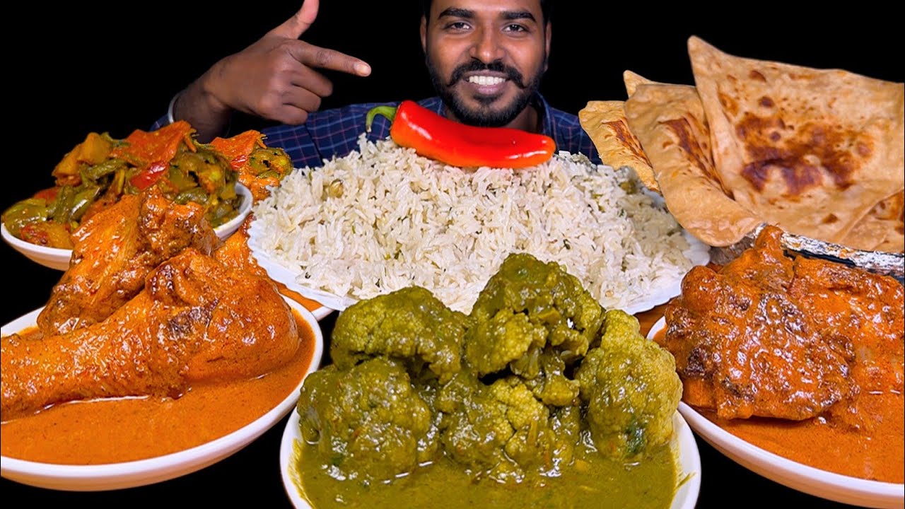 Eating Butter Chicken with Ghee Paratha | Haryali Gobi Bagara Rice & Mix Sabji Mukbang 