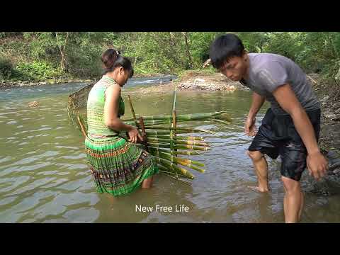 Wild Fishing Exciting, Survival Skills Use A Large Bamboo Net To Fish Trap Catch Big Fish At Stream
