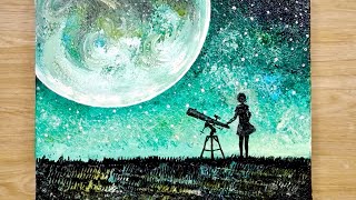 Easy painting technique using comb / How to draw a moonlight girl looking at earth