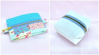 ファスナーポーチの作り方　ペタンコポーチ 12cmファスナー使用　How to sew a zipper box pouch 裏地付き 縫い代の見えない作り方　折マチ付きポーチ　小物入れ