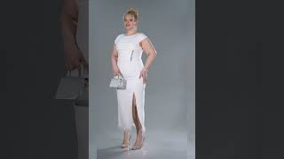 Ekru Bacak Dekolteli Kısa Kol Midi Büyük Beden Davet Elbisesi Abk2340