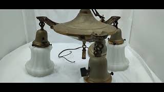 ANTIQUE ART DECO WEBER 3 LIGHT HANGING GOLD Chandelier Light GLASS SHADES MCM
