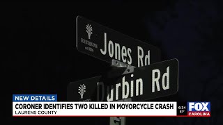 Coroner identifies motorcyclist, passenger who died after Laurens Co crash