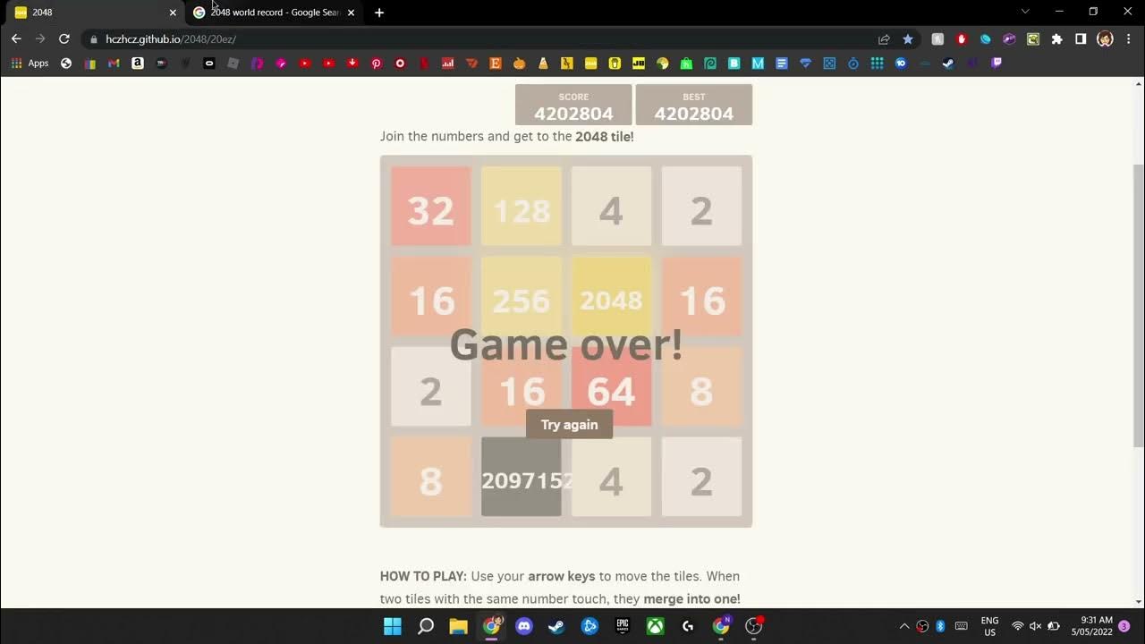 2048 Tile 2097152 Score 4202804 YouTube