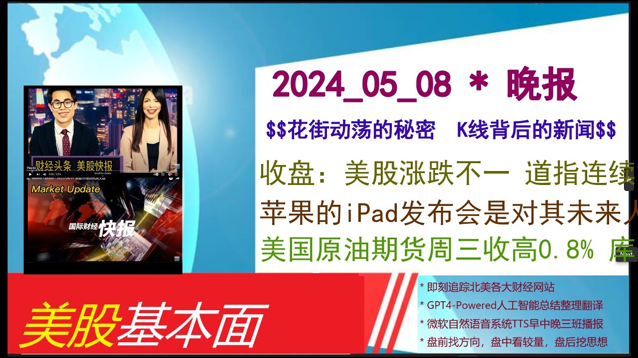 美股基本面- 2024_05_08 * 晚报* 收盘：美股涨跌不一道指连续第6日收高。苹果的iPad发布会是对其未来人工智能产品的预告。美国原油期货周三收高0.8%  库存数据下降令油价得到支撑-