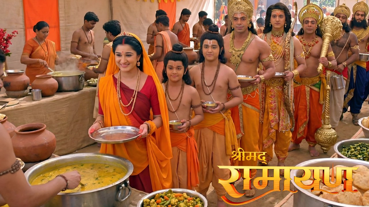 अयोध्या में बंटा भोजन, राम-सीता और हनुमान ने लाइन में लगकर लिया प्रसाद|| Shrimad Ramayan