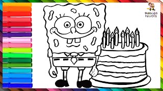 Cómo Dibujar y Colorear A Bob Esponja Con Una Torta De Cumpleaños ? Dibujos Para Niños
