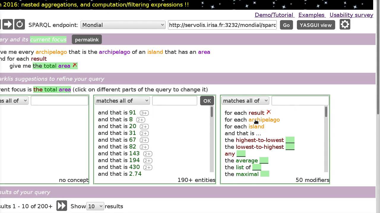 RDF Analytics with Sparklis "What is the average area of archipelagos