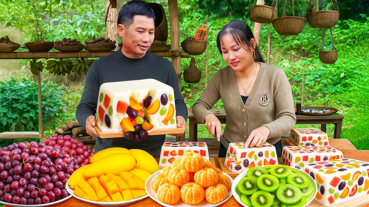 Happy Family Cooking and Enjoying Delicious Fruit Jelly & Grilled Chicken Together