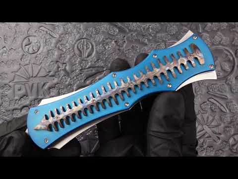 BURN Custom OTF Razor Phantom D/A Satin Blade Blue Anodized Chassis With Flamed Ti Spinal Cord