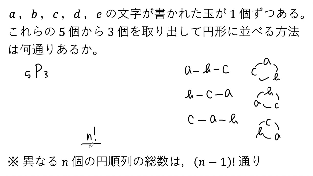 動画で解説 A B C D E の5個の玉から3個を取り出して円形に並べる方法は何通りあるか 1435 高校数学 Youtube 動画で解説 A B C D E の5個の玉から3個を取り出して円形に並べる方法は何通りあるか 1435 高校数学 Youtube