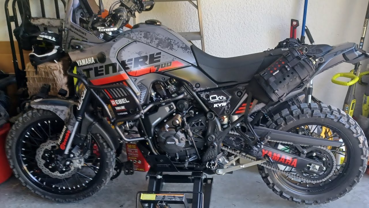 2024 tenere 700 with new kriega fuel/bottle holder, quick shifter