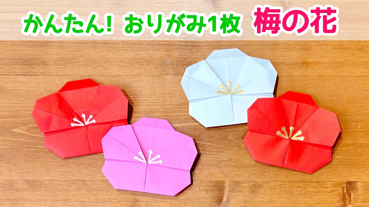 【折り紙１枚でできる】簡単！可愛い 梅の花の折り方 ◇Origami Plum blossom 正月 縁起物 紅白 フラワー flower◇